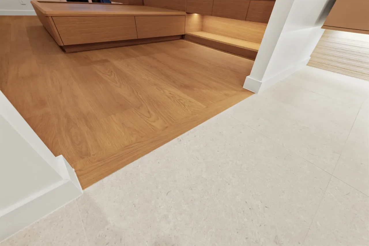 Finished flooring detail in a renovated interior